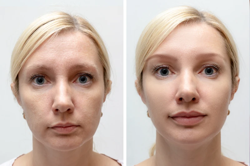Woman face with wrinkles and age change before and after treatment